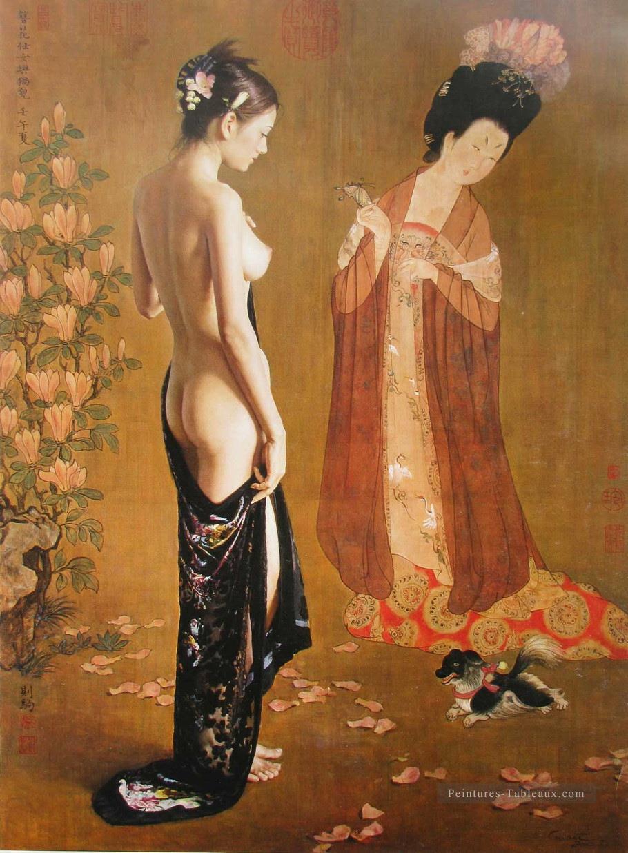Dame portant des fleurs chinoises Fille Nu Peintures à l'huile